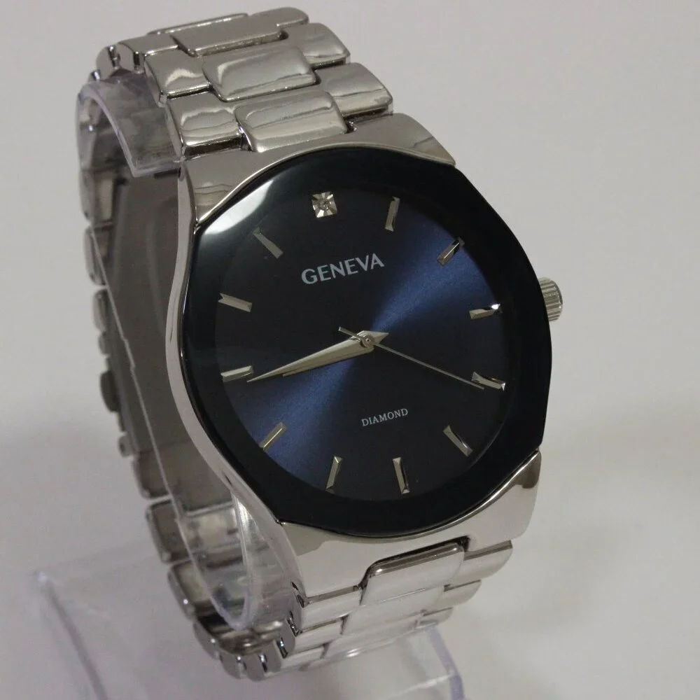 Geneva Men's Casual Quartz Watch Diamond At 12 Integrated Bracelet 42mm